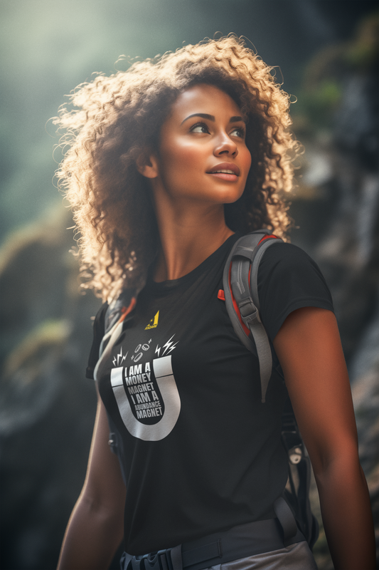 A woman wearing a black t-shirt with the text 'I attract money magnet!' standing in a natural setting with sunlight behind her.